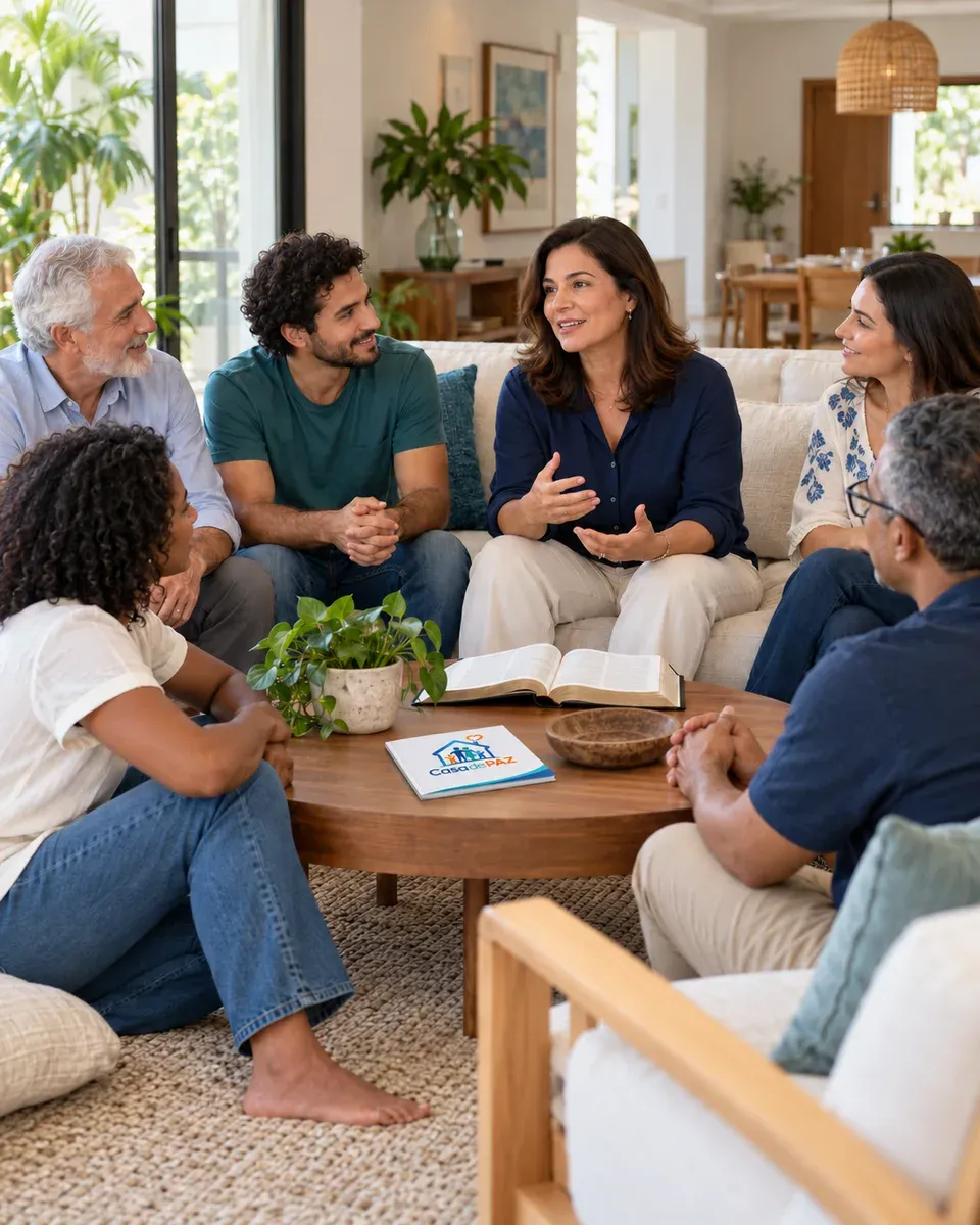 Cena ilustrativa de pessoas reunidas em uma sala, ouvindo umas às outras ao redor de uma Bíblia aberta e de um exemplar ilustrativo Casa de Paz.